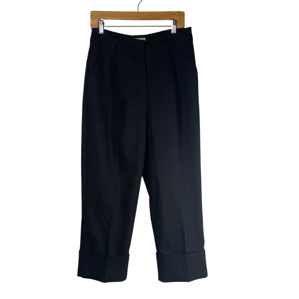 MNG Women's Pleated Dress Pants Wide Leg Cropped Black Size 8 Pockets